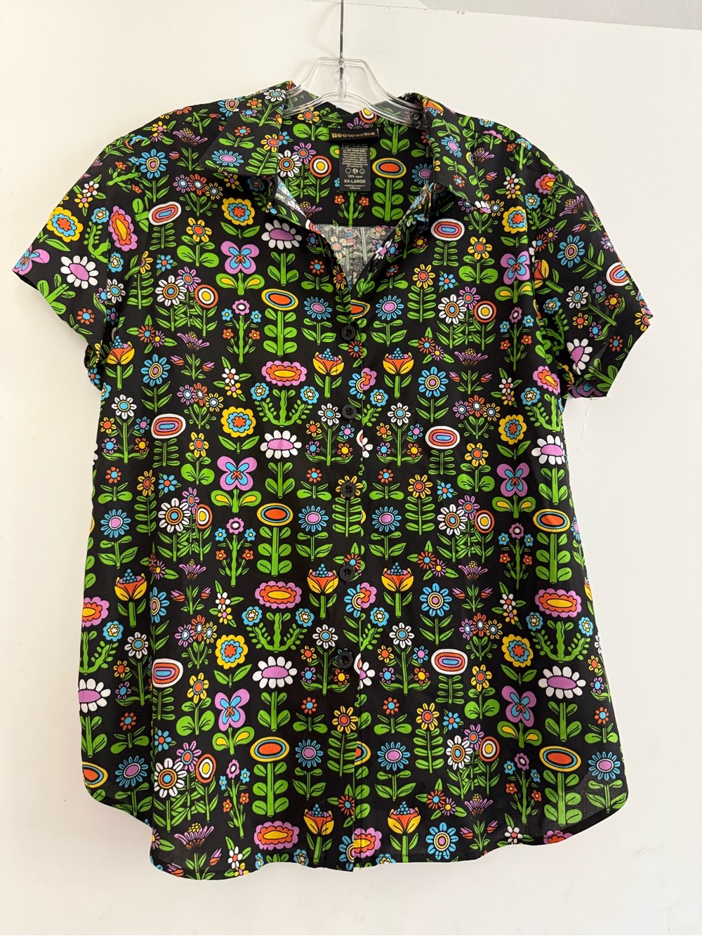 Nooworks XXL Retro Groovy Flower Power  Short Sleeve Button Front Top - Picture 2 of 4